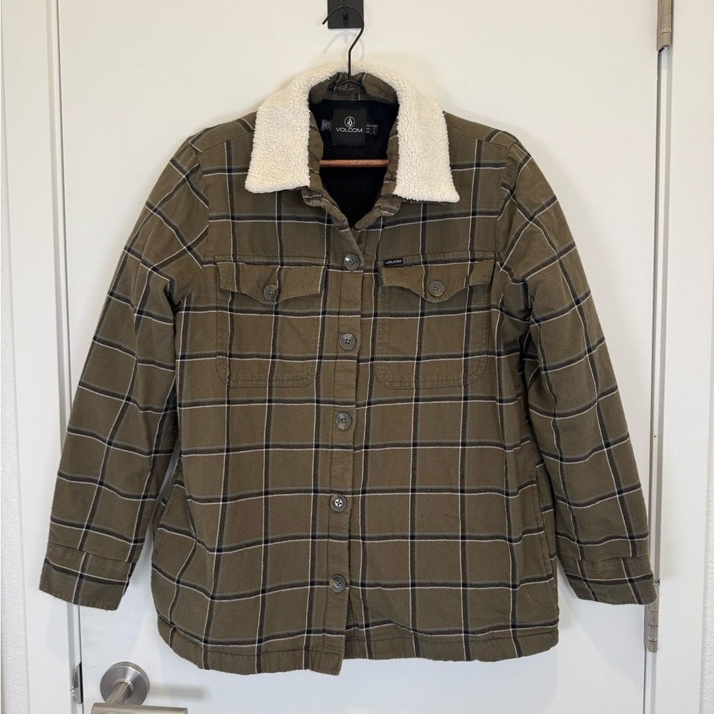 Volcom Women’s Green Checkered Fleece Lined Flannel Shirt  Utility Jacket